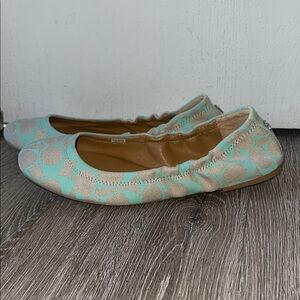Coach Aly Ballet Flats Sea Green Tan Logo Chic 7.5 business casual purse